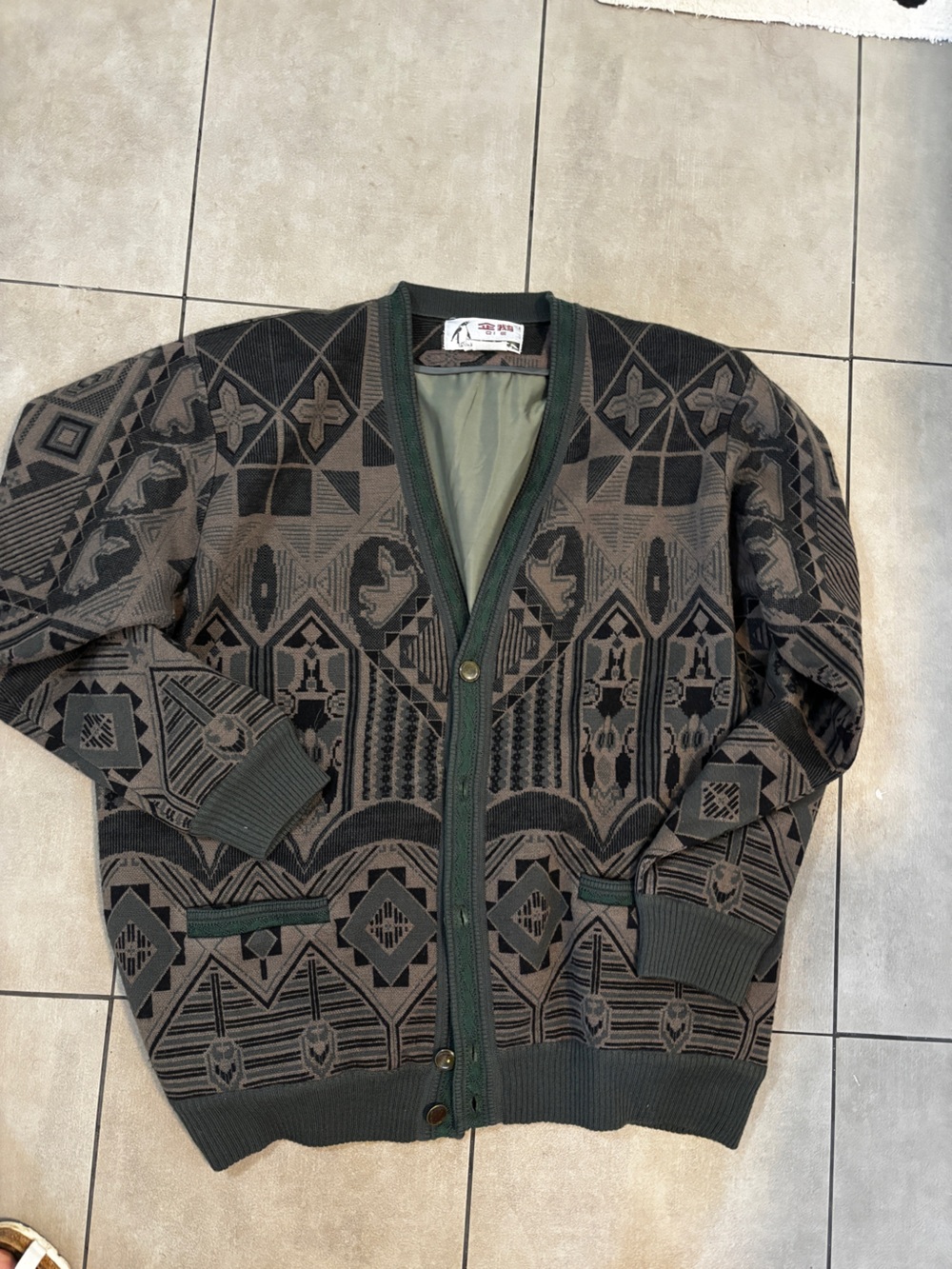 Vintage QIE Geometric Knit Cardigan Green/Brown size 125 excellent condition